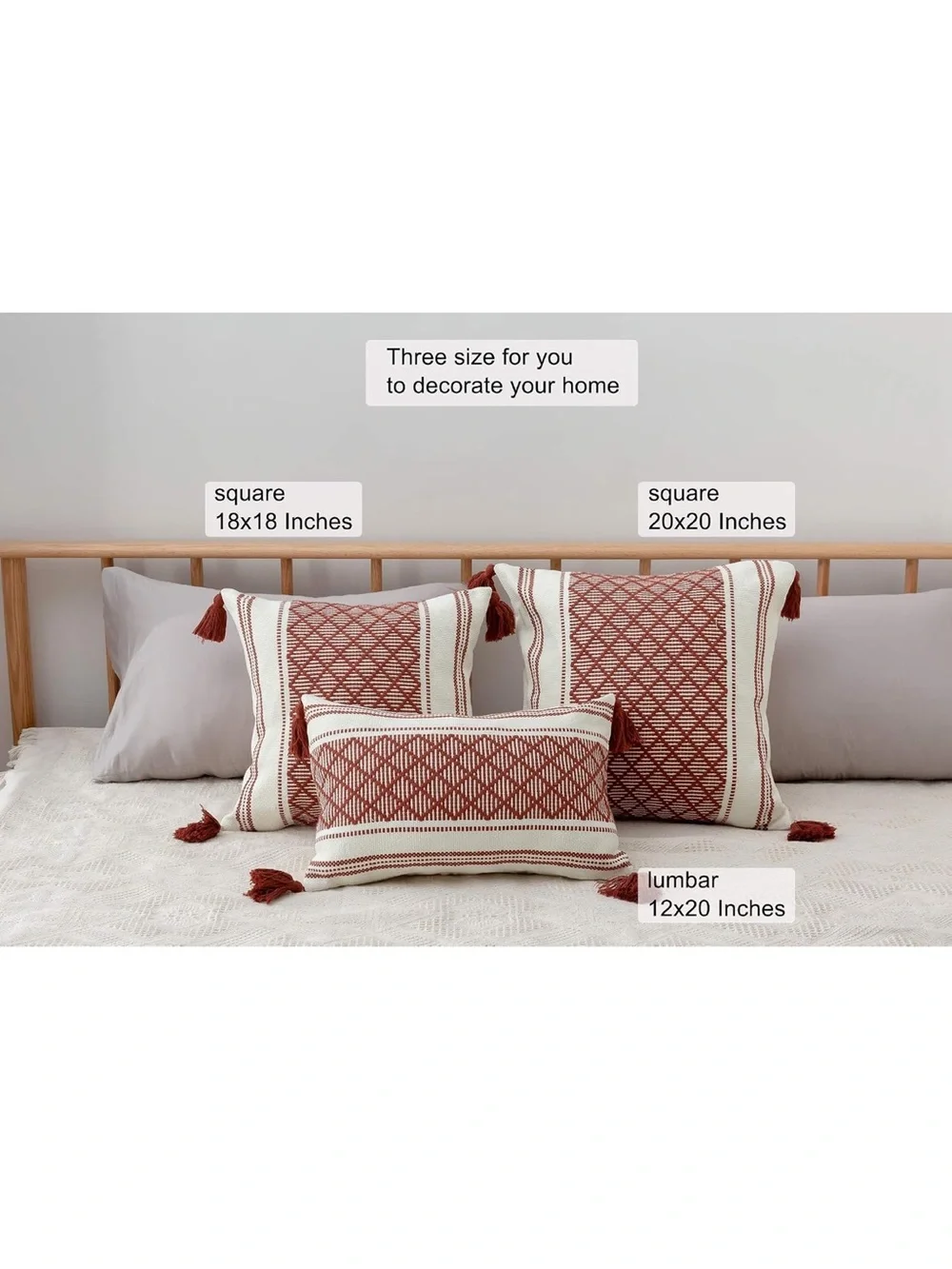 Boho Diamond Jacquard Tassel Throw Pillow Covers - Rust Cream (Set of 2) C10